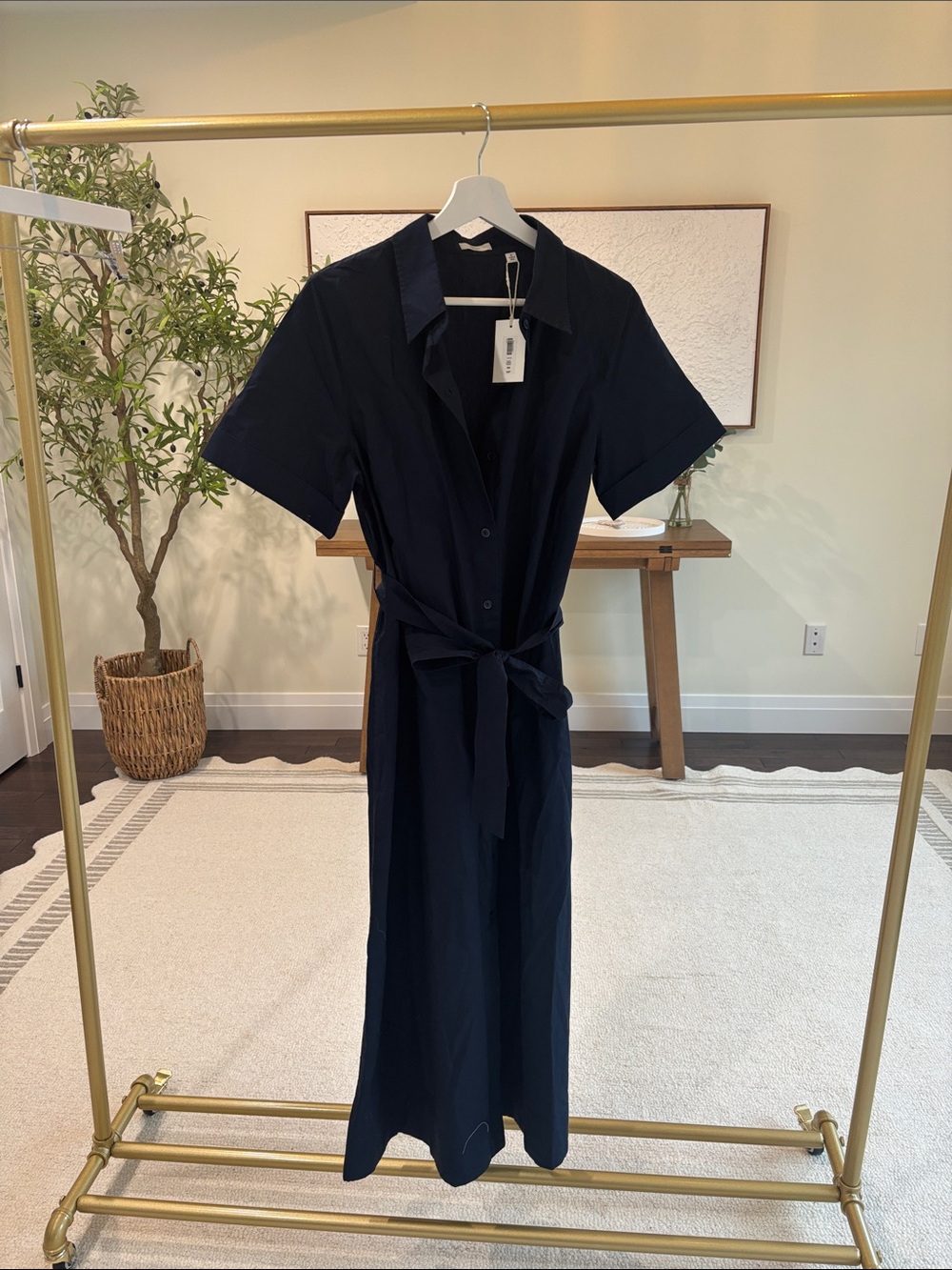 Aritzia Navy Short-Sleeve Tie-Waist Maxi Shirt Dress